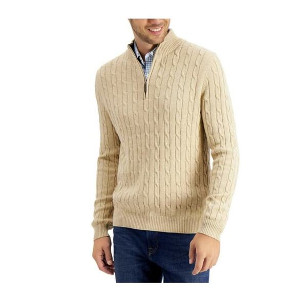 Club Room Light Tan  Quarter Zip Cotton Blend Cable Knit Sweater Men’s L NWT - Picture 1 of 7